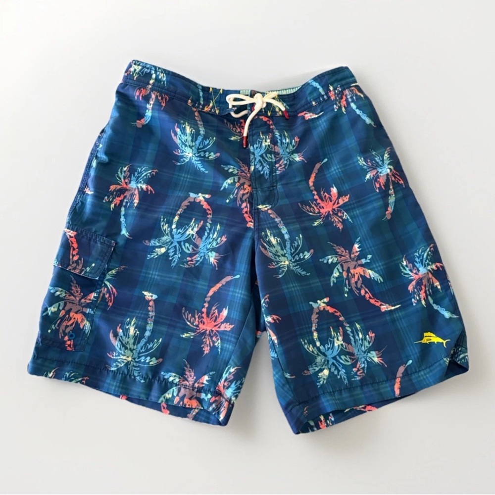 TOMMY BAHAMA BLUE PALM TREE PRINT SWIM TRUNKS - Medium - EUC